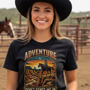 don't fence me in t shirt vintage cowgirl adventure tee western sunset landscape graphic