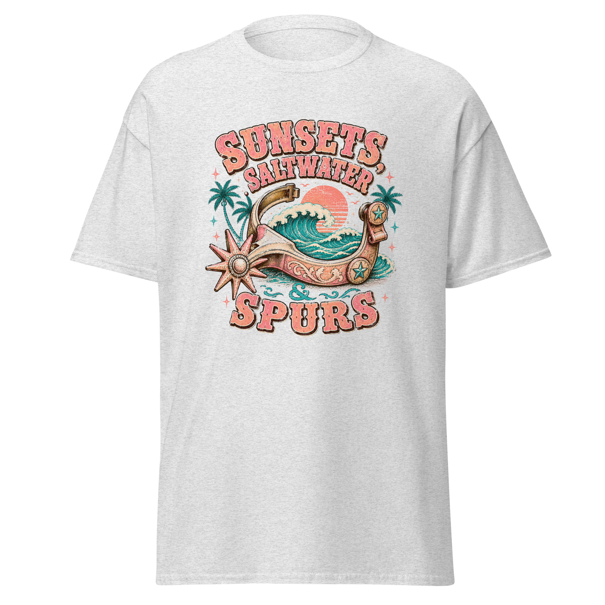 sunsets, saltwater & spurs graphic t shirt | western summer apparel sunsets, saltwater & spurs graphic t shirt | western summer apparel
