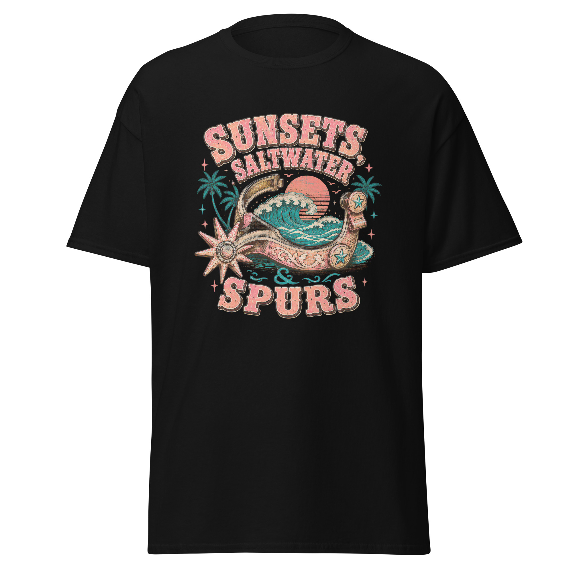 sunsets, saltwater & spurs graphic t shirt | western summer apparel sunsets, saltwater & spurs graphic t shirt | western summer apparel