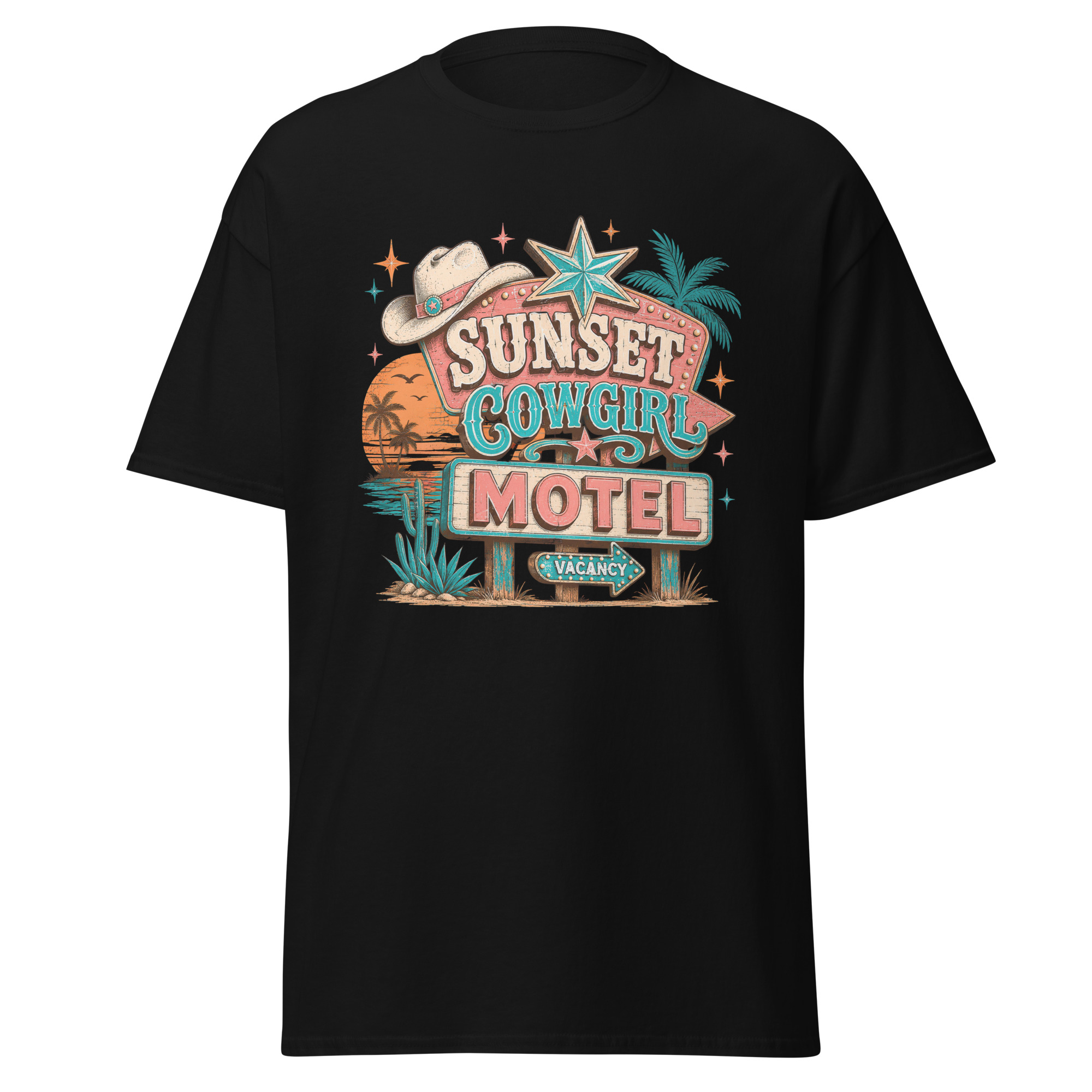 sunset cowgirl motel graphic t shirt | retro western summer apparel sunset cowgirl motel graphic t shirt | retro western summer apparel