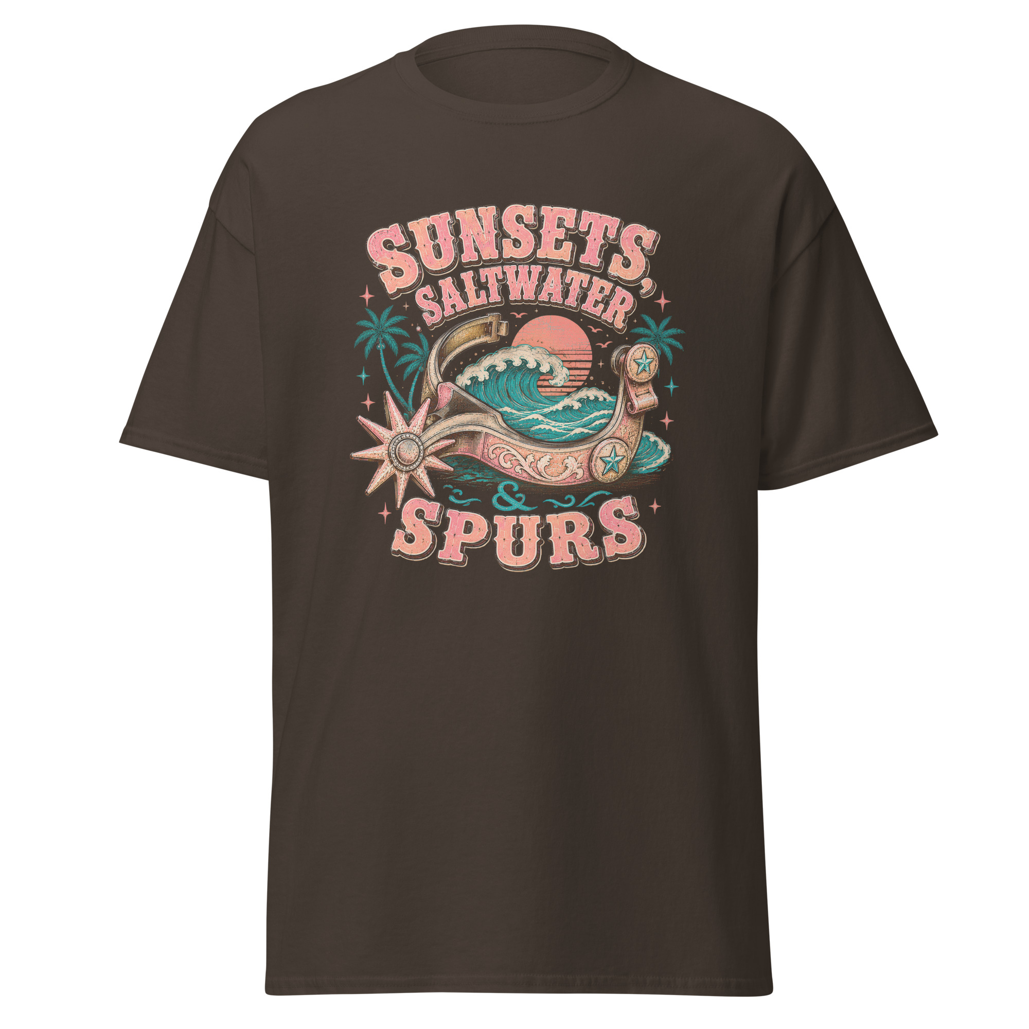 sunsets, saltwater & spurs graphic t shirt | western summer apparel sunsets, saltwater & spurs graphic t shirt | western summer apparel