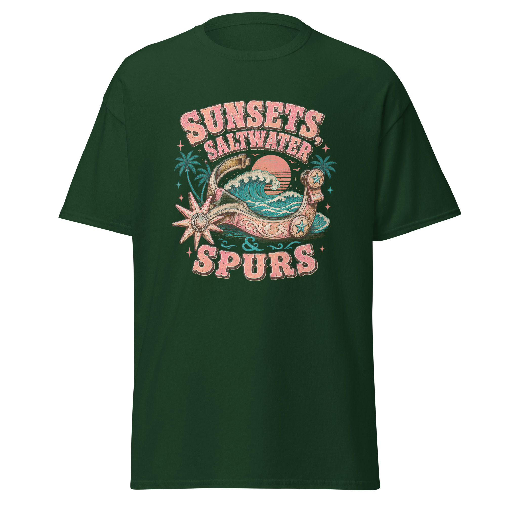 sunsets, saltwater & spurs graphic t shirt | western summer apparel sunsets, saltwater & spurs graphic t shirt | western summer apparel