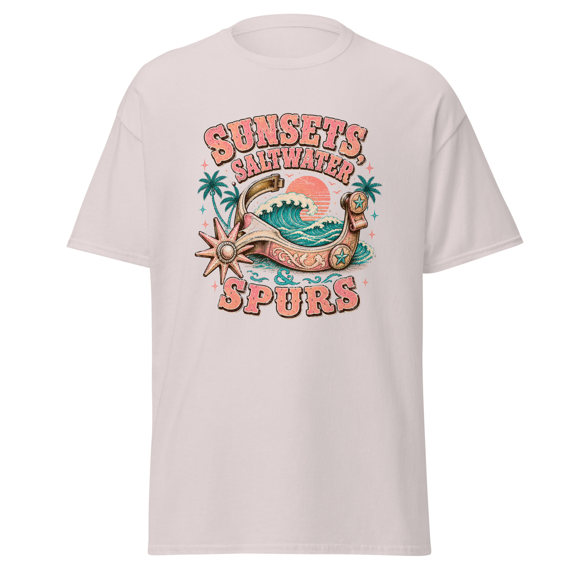 sunsets, saltwater & spurs graphic t shirt | western summer apparel sunsets, saltwater & spurs graphic t shirt | western summer apparel