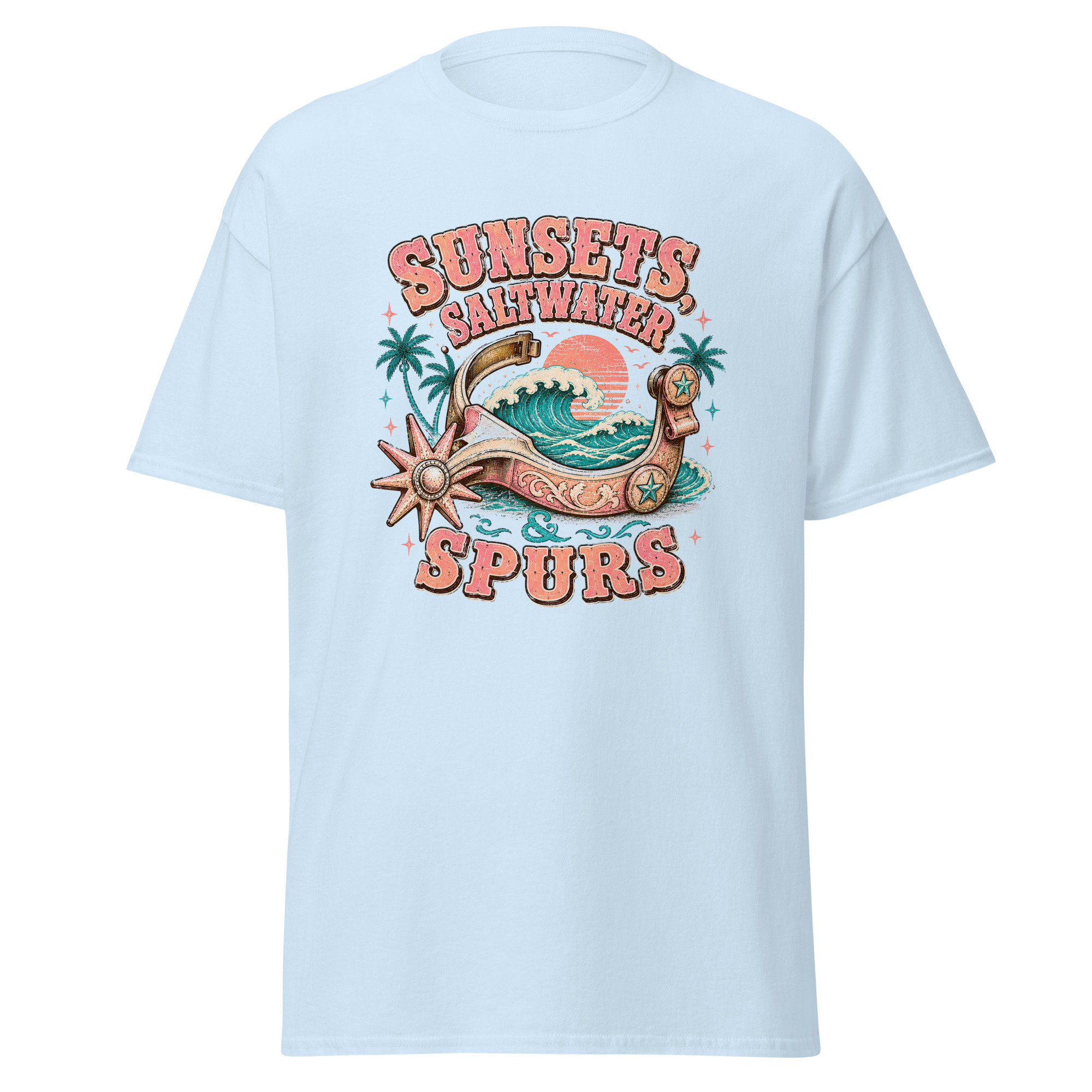 sunsets, saltwater & spurs graphic t shirt | western summer apparel sunsets, saltwater & spurs graphic t shirt | western summer apparel